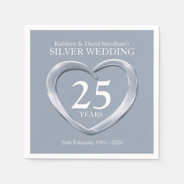 Silver anniversary heart photo names napkins (Front)