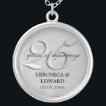 Silver Anniversary Necklace<br><div class="desc">25 years of marriage is reason to celebrate. Honour that special couple in style with this keepsake necklace. A brushed silver metal background offsets the large "2-5" overprinted with your customized text. Add the couple's name and wedding date. Matching products available. PLEASE NOTE: this item uses a closeup photograph of...</div>