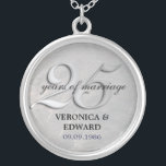 Silver Anniversary Necklace<br><div class="desc">25 years of marriage is reason to celebrate. Honour that special couple in style with this keepsake necklace. A brushed silver metal background offsets the large "2-5" overprinted with your customized text. Add the couple's name and wedding date. Matching products available. PLEASE NOTE: this item uses a closeup photograph of...</div>