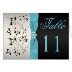 Silver, Aqua, and Black Floral Table Number Card