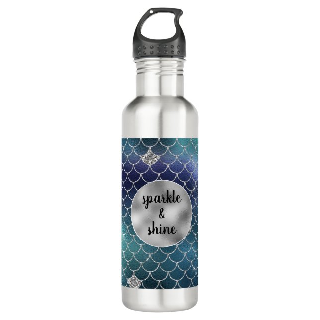Silver Aqua Blue Mermaid Glitz 710 Ml Water Bottle (Front)