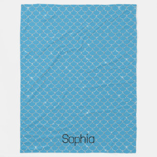 Silver Aqua Blue Mermaid Name Fleece Blanket