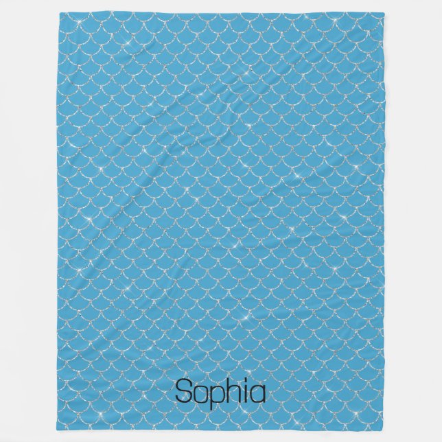 Silver Aqua Blue Mermaid Name Fleece Blanket (Front)