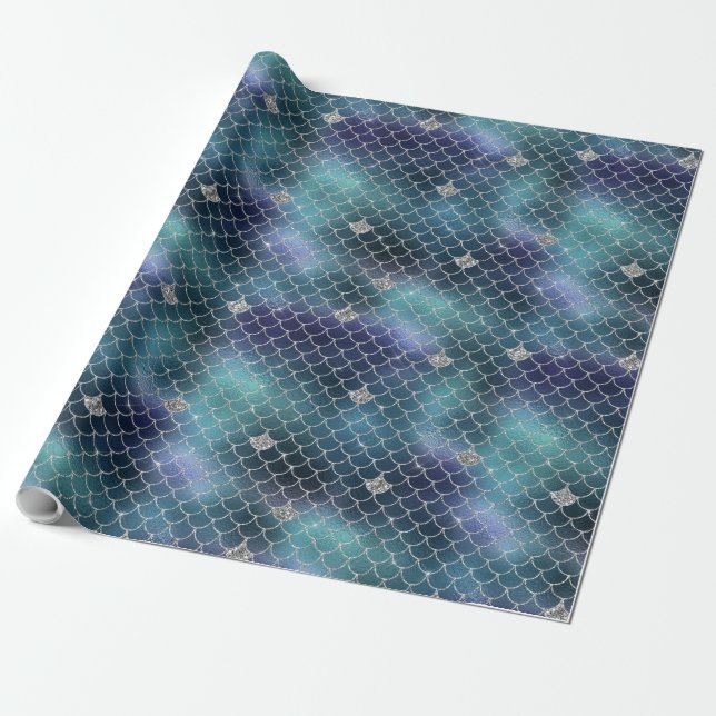 Silver Aqua Blue Mermaid Wrapping Paper (Unrolled)