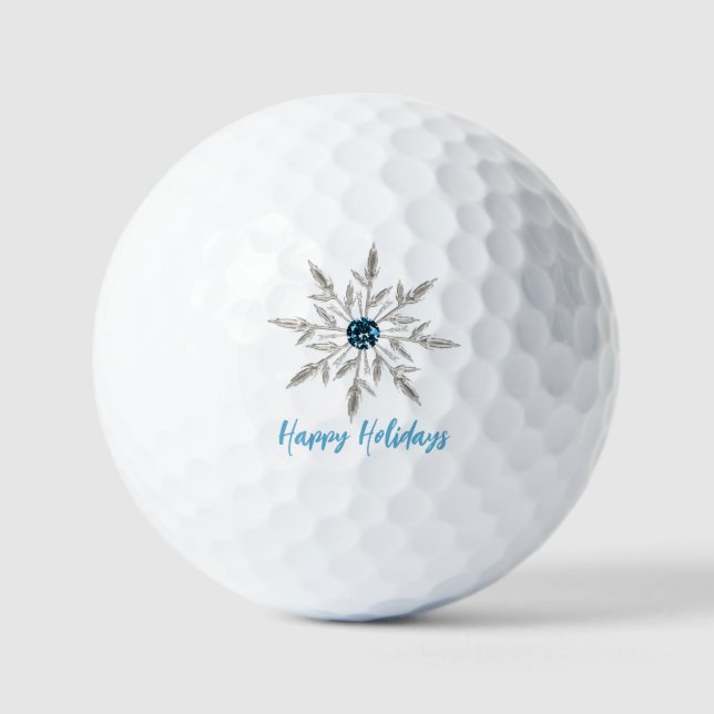Silver Aqua Crystal Snowflake Happy Holidays Golf Balls (Front)