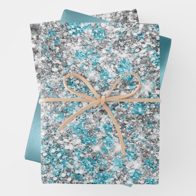 Silver Aqua Glam Glitter Wrapping Paper Sheet (In situ)