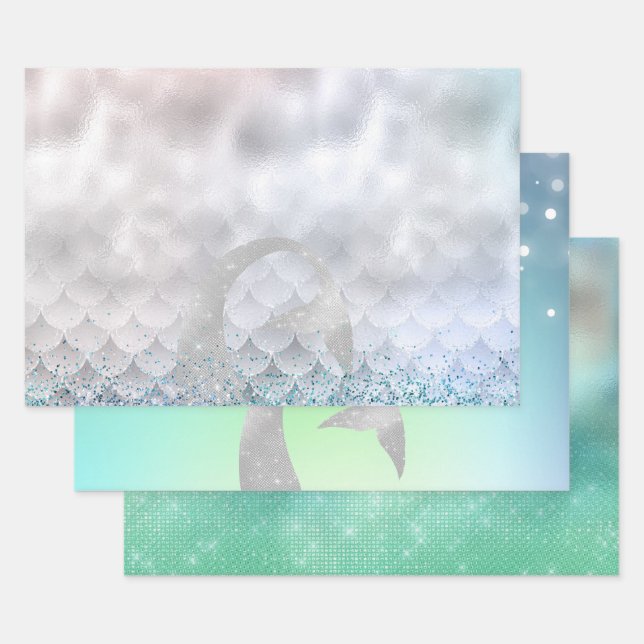 Silver Aqua Pink Purple Glitter Sparkle Mermaid Wrapping Paper Sheet (Set)