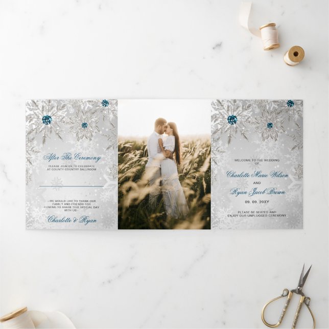 Silver Aqua Snowflake Winter Wedding Tri-Fold Programme (Outside)