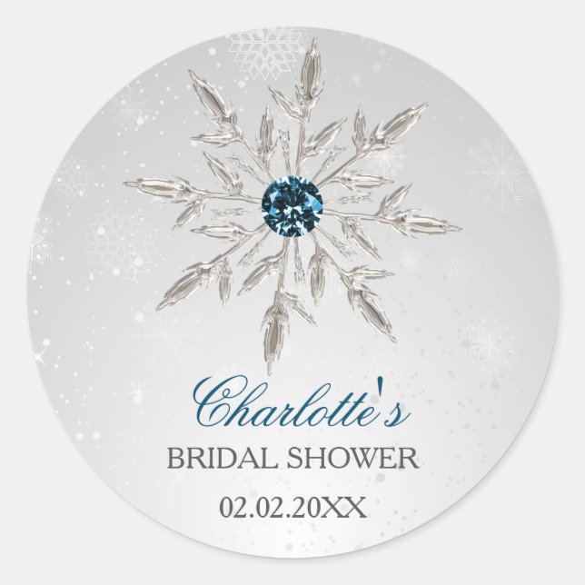 silver aqua snowflakes bridal shower stickers (Front)