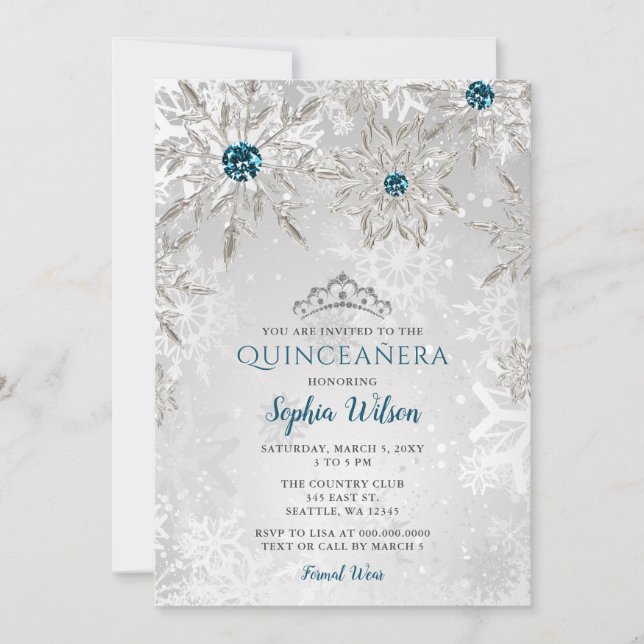 Silver Aqua Snowflakes Tiara Quinceañera  Invitation (Front)