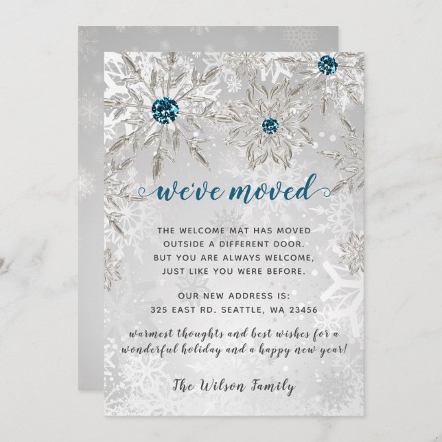 Silver Aqua Snowflakes We've Moved Holiday Cards (Front/Back)
