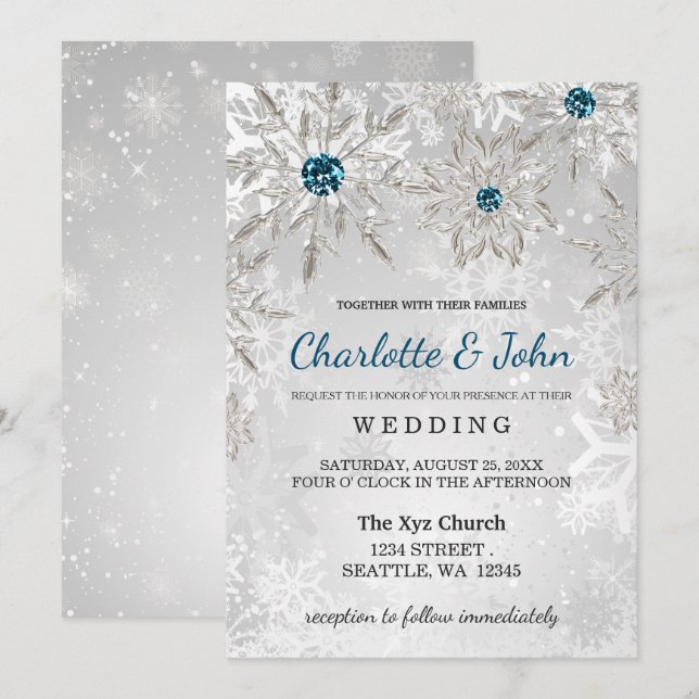 silver aqua snowflakes winter wedding invitation (Front/Back)