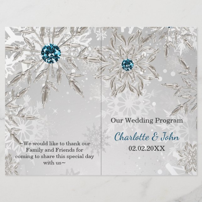 silver aqua snowflakes winter wedding program (Front)