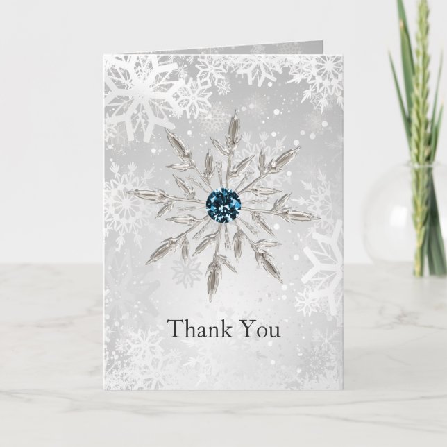 silver aqua snowflakes winter wedding Thank You (Front)