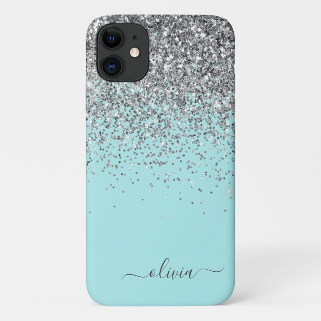Silver Aqua Teal Blue Girly Glitter Monogram Case-Mate iPhone Case (Back)