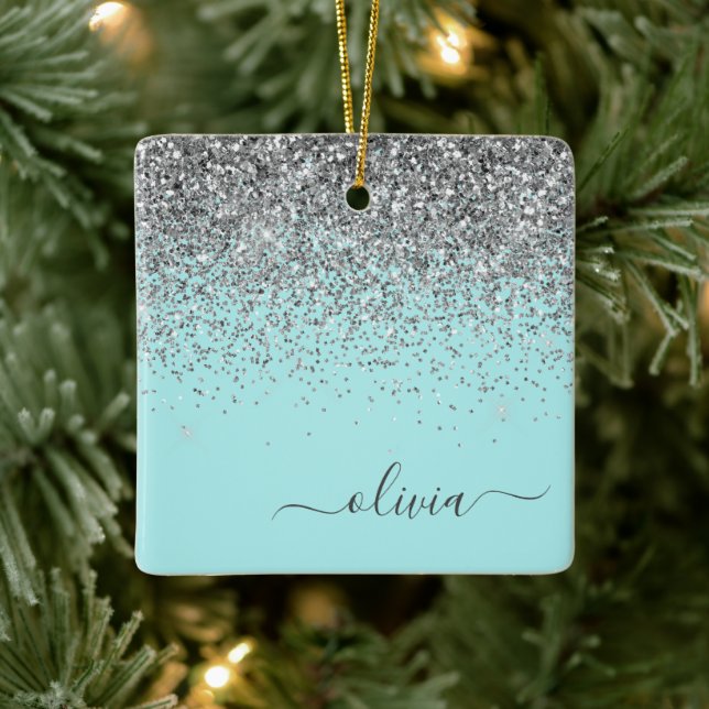 Silver Aqua Teal Blue Girly Glitter Monogram Ceramic Ornament (Tree)