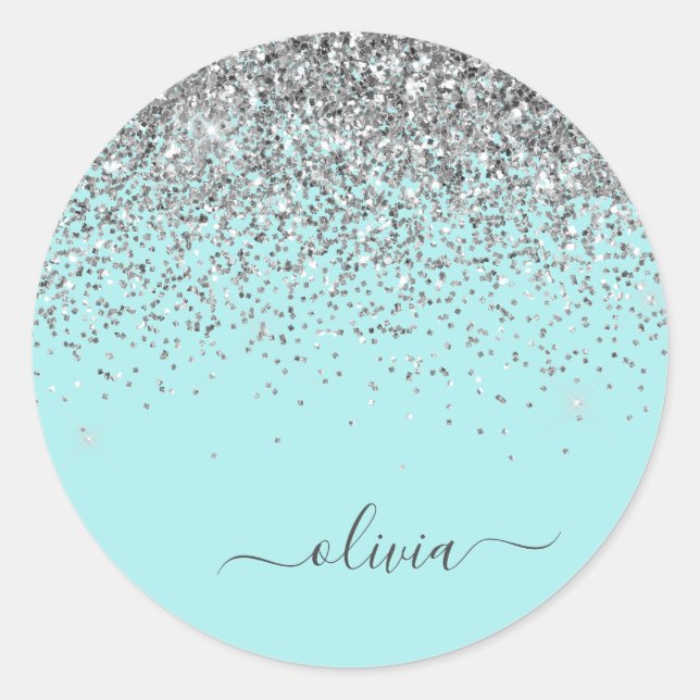 Silver Aqua Teal Blue Girly Glitter Monogram Classic Round Sticker (Front)