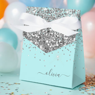 Silver Aqua Teal Blue Girly Glitter Monogram Favor Box