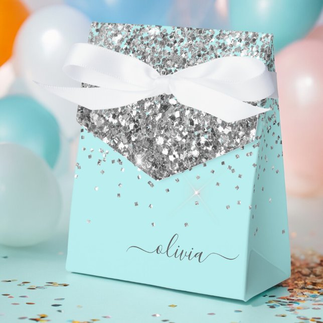 Silver Aqua Teal Blue Girly Glitter Monogram Favor Box (Creator Uploaded)