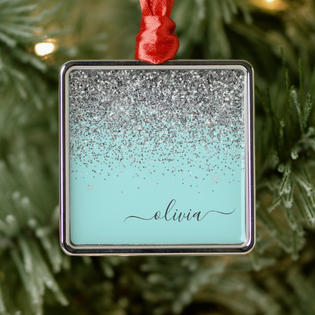 Silver Aqua Teal Blue Girly Glitter Monogram Metal Ornament (Tree)