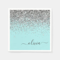 Silver Aqua Teal Blue Girly Glitter Monogram