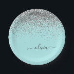 Silver Aqua Teal Blue Girly Glitter Monogram Paper Plate<br><div class="desc">Silver and Aqua Teal Blue Sparkle Glitter Monogram Name and Initial Party Plates. This makes the perfect sweet 16 birthday,  wedding,  bridal shower,  anniversary,  baby shower or bachelorette party gift for someone that loves glam luxury and chic styles.</div>
