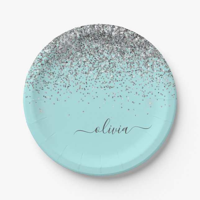 Silver Aqua Teal Blue Girly Glitter Monogram Paper Plate (Front)