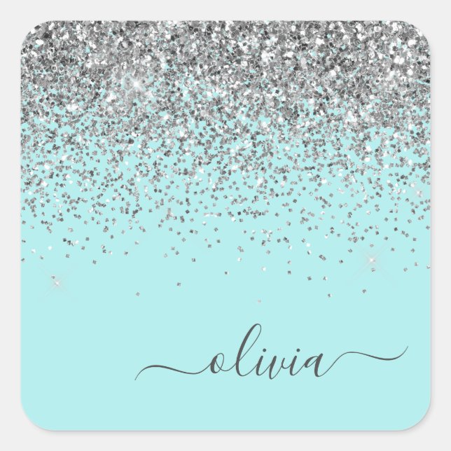Silver Aqua Teal Blue Girly Glitter Monogram Square Sticker (Front)