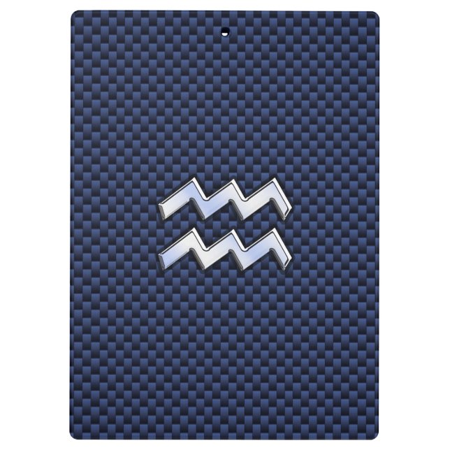 Silver Aquarius Sign on Navy Blue Carbon Fibre Art Clipboard (Back)