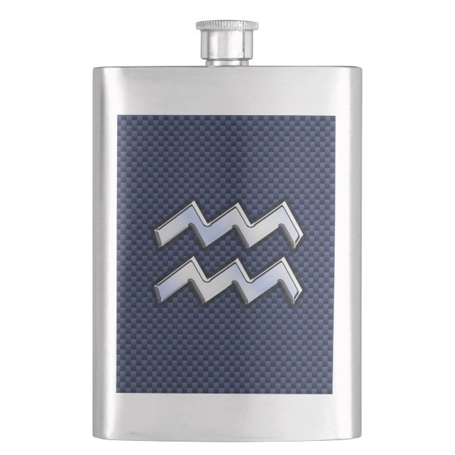 Silver Aquarius Sign on Navy Blue Carbon Fibre Art Hip Flask (Front)