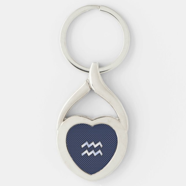 Silver Aquarius Sign on Navy Blue Carbon Fibre Art Keychain (Front)