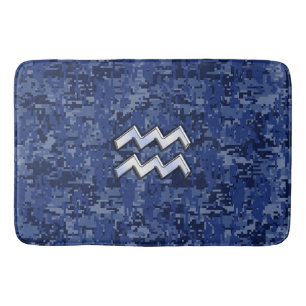 Silver Aquarius Zodiac Sign Navy Blue Digital Camo Bath Mat