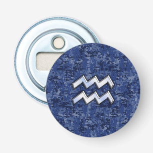 Silver Aquarius Zodiac Sign Navy Blue Digital Camo Bottle Opener