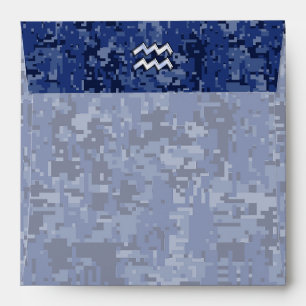 Silver Aquarius Zodiac Sign Navy Blue Digital Camo Envelopes