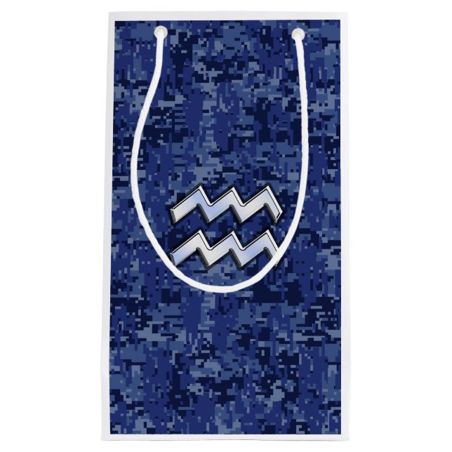 Silver Aquarius Zodiac Sign Navy Blue Digital Camo Small Gift Bag (Front)