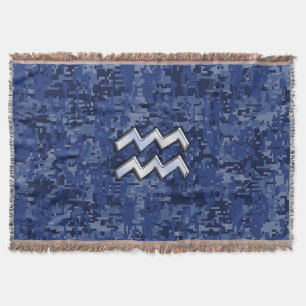 Silver Aquarius Zodiac Sign Navy Blue Digital Camo Throw Blanket