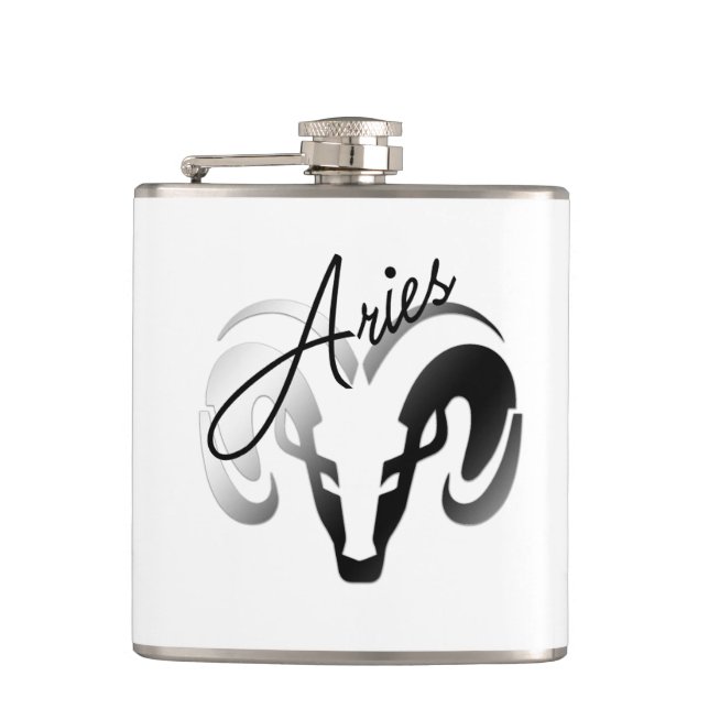 Silver Aries the Ram Zodiac Hip Flask (Front)