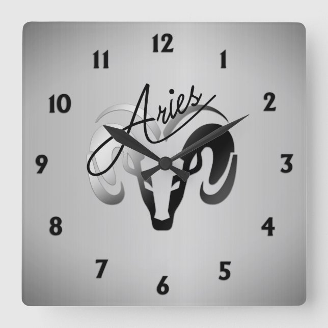 Silver Aries the Ram Zodiac Square Wall Clock (Front)