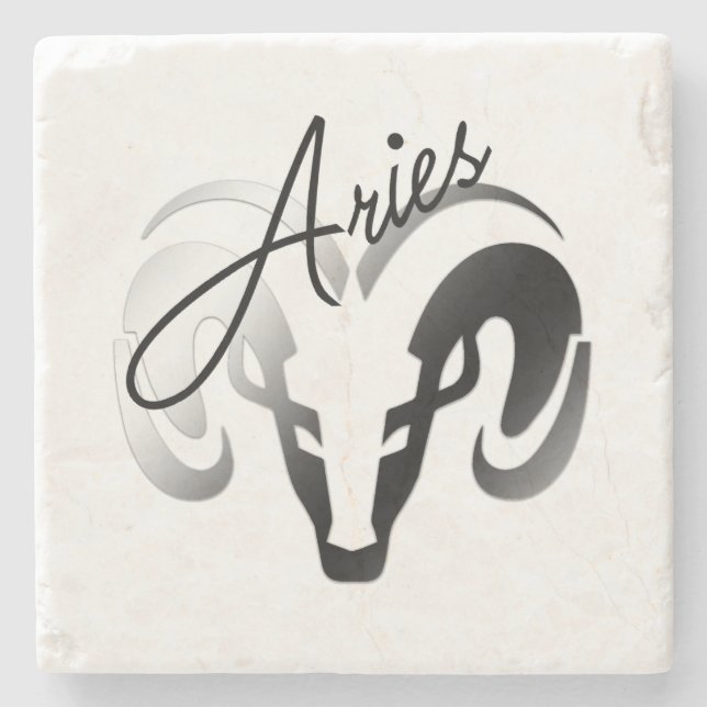 Silver Aries the Ram Zodiac Stone Coaster (Front)