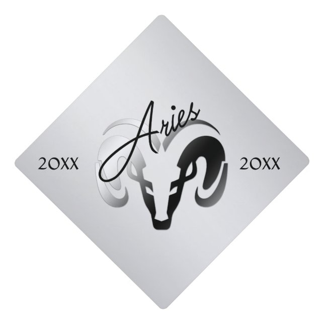 Silver Aries the Ram Zodiac Two Text Areas Graduation Cap Topper (Front)