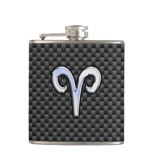 Silver Aries Zodiac Sign Black Carbon Fibre Print Hip Flask