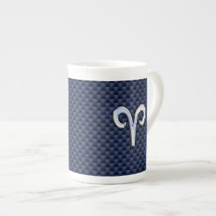 Silver Aries Zodiac Sign Blue Carbon Fibre Print Bone China Mug