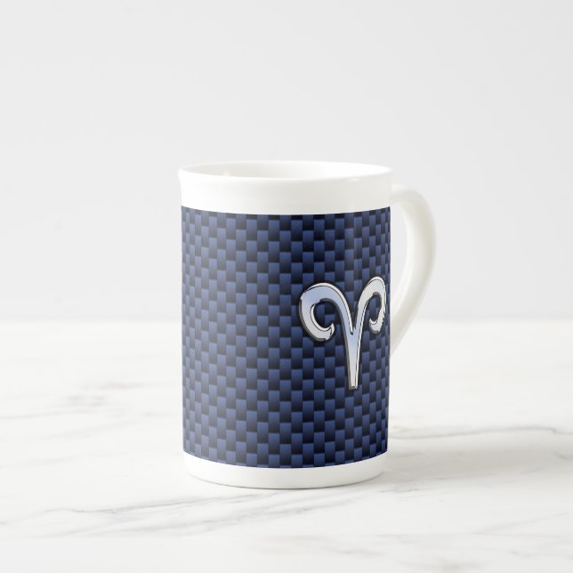 Silver Aries Zodiac Sign Blue Carbon Fibre Print Bone China Mug (Front Right)