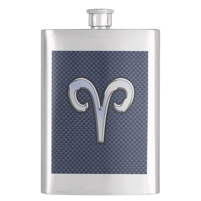 Silver Aries Zodiac Sign Blue Carbon Fibre Print Hip Flask (Front)