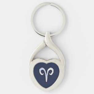 Silver Aries Zodiac Sign Blue Carbon Fibre Print Keychain