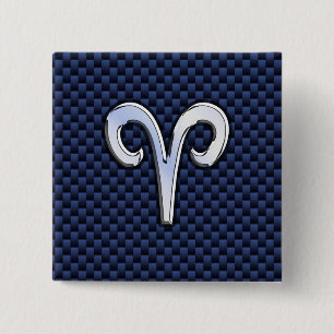 Silver Aries Zodiac Sign Navy Carbon Fibre Style 2 Inch Square Button
