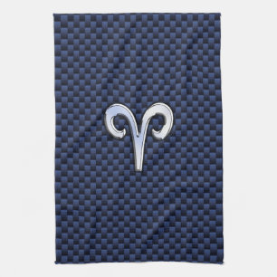 Silver Aries Zodiac Sign Navy Carbon Fibre Style Kitchen Towel