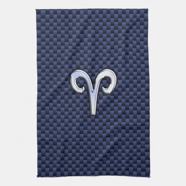 Silver Aries Zodiac Sign Navy Carbon Fibre Style Kitchen Towel (Vertical)