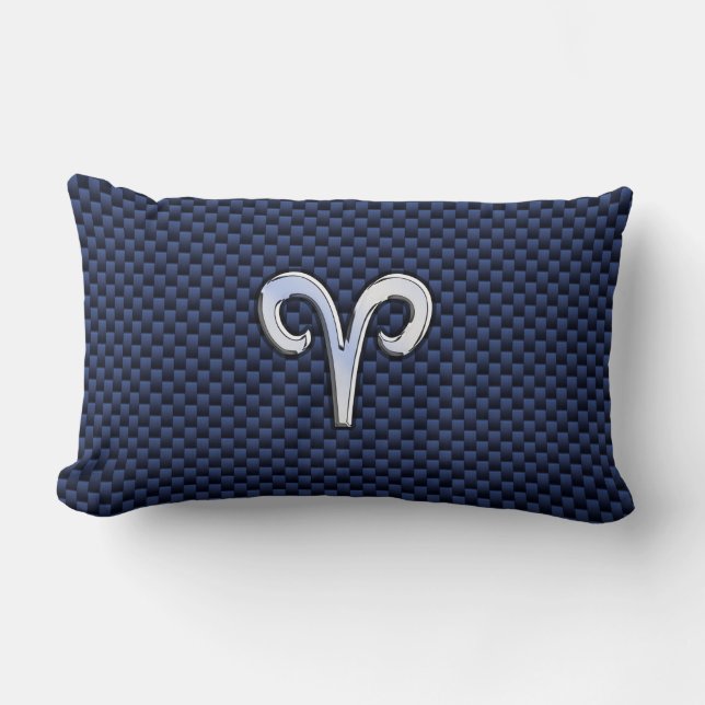 Silver Aries Zodiac Sign Navy Carbon Fibre Style Lumbar Pillow (Front)