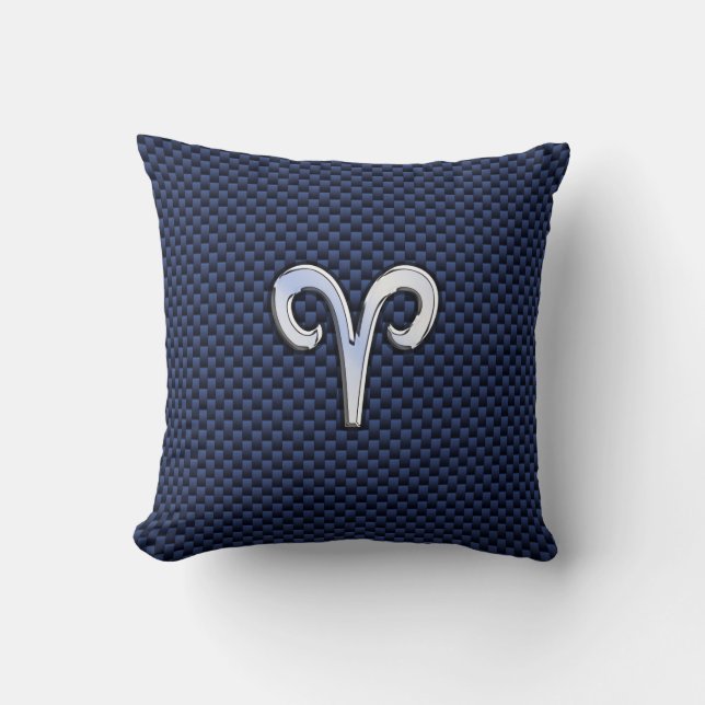 Silver Aries Zodiac Sign Navy Carbon Fibre Style Throw Pillow (Front)